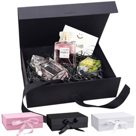 Gift Box, 21 x 17 x 7 cm, Gift Box with Bow, Gift Box with Lid, Rectangular Gift Box, Party Gift Boxes, Magnetic Folding Box for Weddings, Birthdays, Anniversaries (Black)