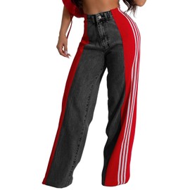 Angsuttc Two Tone Jeans Women High Waisted Patchwork Denim Pants Color Contrast Stripes Wide Leg Jean Black Red S