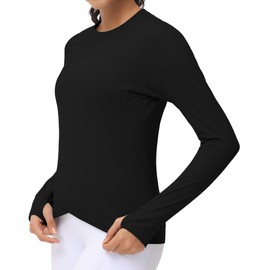 Women's Long Sleeve Compression Shirts Workout Tops Cross Hem Athletic Running Yoga T-Shirts with Thumb Hole Black