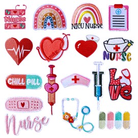 Yuanchu Nurse's Day Iron On Patches for Clothes,17 Pcs Nurse Embroidered Patches Cartoon Anime Heart Nurse Patch Rainbow Medical Patch Nurse Iron On T-Shirts Jeans Jackets Backpacks Hats