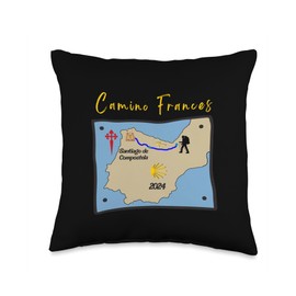 Camino de Santiago Art Camino Frances Santiago de Compostela 2024 Map Shell Pilgrim Throw Pillow, 16x16, Multicolor