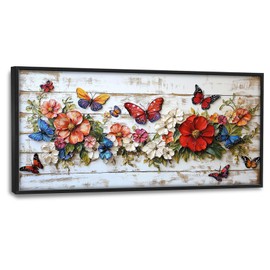 Olivine Flower Large Wall Art, Butterfly Pictures Wall Decor, Boho Painting, Rustic Wood Grain Canvas Prints, Framed Artwork for Dining Room Living Room Bedroom Bathroom Office Home Decor 60"x30"