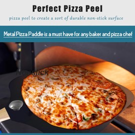 Aluminum Metal Non Stick Pizza Peel 14 inch with Pizza Cutter Rocker, Baking Brush, Pie Server, Pizza Paddle with Foldable Long Wood Handle for Baking Homemade Pizza Bread