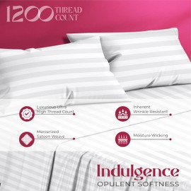 Mayfair Linen 100% Egyptian Cotton Sheets Queen Size - 1200 Thread Count 4 PC Damask Queen Sheet Set Egyptian Cotton, Sateen Luxury Sheet, High Thread Count Sheets, 17" Deep Pocket - White Stripe