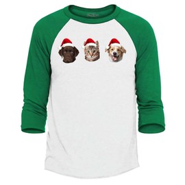 Custom Cats and Dogs Pet Photo with Santa Hat Funny Christmas Raglan Baseball Shirt Small White/Kelly