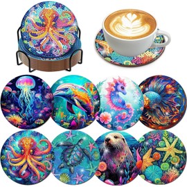 8 Pcs Ocean Creatures Diamond Painting Coasters Kits with Holder,Ocean Creature Diamond Art Coasters with Cork Bases for Adults,Diamond Painting Kits Supplies (Ocean).