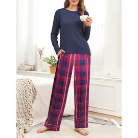 Famulily Pajama Sets for Women UK Soft Lounge Sets O-Neck Sleepwear Tops+Printed Plaid Long Pants Navy Blue XL