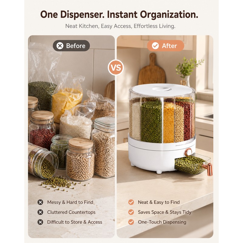 6-Compartment Rotating Grain Dispenser for Kitchen Storage – 360° Dry