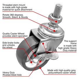 FactorDuty 2 Inch Grey Caster Wheel 3/8"-1.2" Threaded Stem Mount Caster Wheel With Locking Brake Polyurethane Wheels Premium Non Marking No Noise 65LB Per Wheel (Pack of 8)
