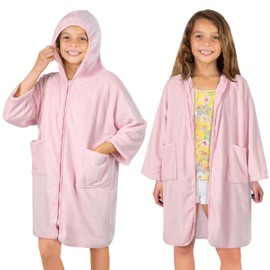 SUN CUBE Hooded Towel Robe for Kids, Zip Up Swim Parka Beach Cover Up for Girls, Surf Poncho for Girls Warm Changing Bath Towel for Pool with Zipper Hood 7-10, Pink