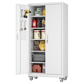 JAORD Upgraded Metal Storage Cabinet with Pegboard,71" H Storage Cabinet with Doors and Shelves,Rolling Tool Chest on Wheels for Garage,Home Office,Utility Room,Required Assembly,White