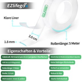 EZlifego EZlifego Doppelseitiges Klebeband Extra Stark, Transparent Nano Tape, Abnehmbar W?nden Klebestreifen, Klebriges Posterband zur Dekoration, Poster Strips Klebepads, Double Sided Tape - 5 meter
