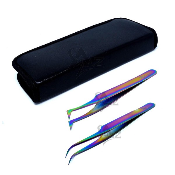 SET OF 2 Stainless Steel Multi Titanium Rainbow Color 3D Eyelash Extension Tweezers Semi Angled + A type Angled Fine Point (A2Z)