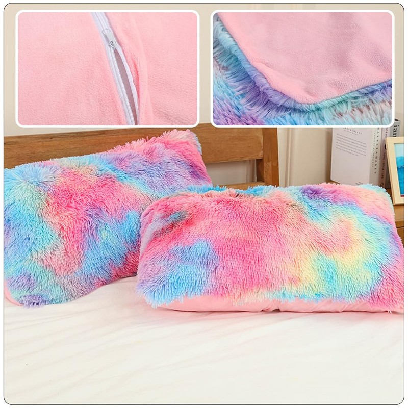 Veemoon Decorative Fuzzy Pillow Covers Rainbow Fluffy Cushions Protector Throw