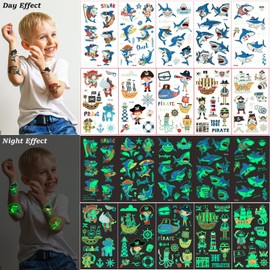Children's Tattoo 10 Sheets Luminous Pirate Shark Temporary Tattoo Sticker Set for Girls Boys Glow in the Dark Waterproof Children's Tattoos Birthday Gifts Children's Birthday Party Bags