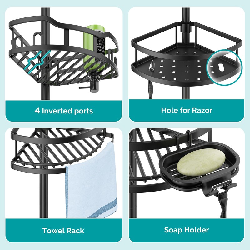 HAMITOR Corner Shower Caddy Tension Pole: Rustproof Stable 4-Tier Bathroom