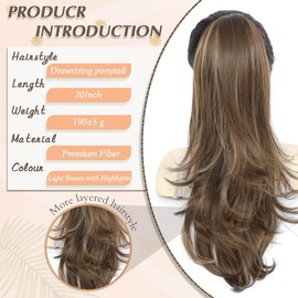 Nexyshe Ponytail Extensions Drawstring Ponytail Synthetic Hair Extensions Clip in Ponytail 20inch High Layered Pony Tail Hair Pieces for Women Big Base Hair Ponytail Extension for Ladies