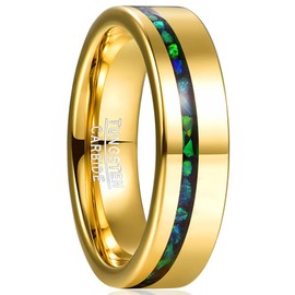 NUNCAD 6mm Men's Gold Tungsten Wedding Band Inlaid with Crushed Green Created-Opal High Polished Partner Ring Size 10