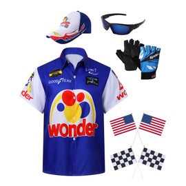 6PCS Unisex Adult Characters Costumes in Talladega Nights Shirt Hat Sunglasses Gloves and Small Flags Set Men Women Race Car Driver Costume for Car Racing and Watch The Races