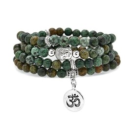 Japa Mala Beads 108 Bracelet, Buddha Charm Necklace with OM Yoga Symbol Charm for Men or Women, One size, Stone, No Gemstone