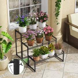 Simple Trending 3 Tier Metal Plant Stand Outdoor Indoor Waterproof, Stackable Heavy Duty Tall Plant Shelf Flower Pot Holder for Garden, Display Rack, Black