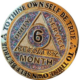 6 Month AA Medallion Reflex Funfetti Birthday Glitter Gold Sobriety Chip