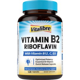 Vitalibre Vitamin B2 400 mg, Riboflavin, Essential Daily B Vitamin, Easily Absorbed Form, Energy, Nervous System, Mental, Immune Health, B12, D3, VC, 120 Capsules