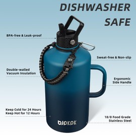 BJPKPK 1 Gallon Water Bottle Insulated with Straw Lid, 50oz, 64oz, 87oz, 128oz Large, Stainless Steel Water Bottles with 3 Lids and Paracord Strap, Double Wall Vacuum Metal Water Jug,Vast