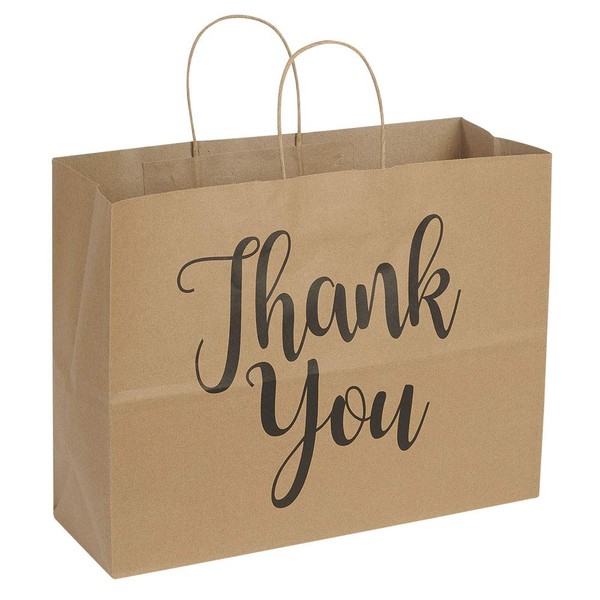 SSWBasics Large Kraft Thank You Paper Shopping Bags - 16”L x 6”D x 12”H - Case of 100