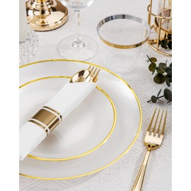 Morejoy 175PCS Pearl White and Gold Plastic Plates - Disposable Gold Party Plates & Pre Rolled Napkins with Cutlery for 25 Guests, 50Plates, 75Silverware, 25Cups, 25Napkin for Party & Wedding