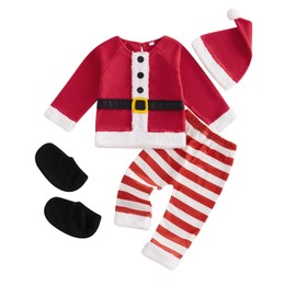 Geagodelia Baby Boy Christmas Outfit Grows Xmas Santa Claus Clothing Newborn Toddler Clothes Set Long Sleeve Top + Pants + Hat + Shoes (Red 93, 3-6 Months)