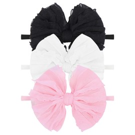 Lanmerry Baby Girls Headbands Bows Newborn Lace Hair Bow Hair Accessories for Infant Baby Girls Headband Toddler Black White Light Pink Hair Bows 3Pcs