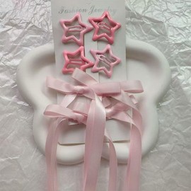 Star Bow Hair Clips Y2K Pink Kawaii Lolita Aesthetics Coquette Satin Ribbon Bowknot Hairclips 6pcs (Pink Star)