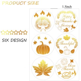 300 Pcs Happy Fall Thanksgiving Clear Stickers 1.5inch 6 Styles Foil Gold Round Label Stickers Pumpkin Maple Leaf Turkey Self-Adhesive Sticker for Autumn Envelope Sealing Present Box Decoration