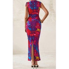 PRETTYGARDEN Women's Summer Floral Mesh Maxi Dresses 2025 Sleeveless Ruched Bodycon Evening Party Cocktail Split Long Dress (Floral Purple Red,M)