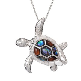 Aloha Jewelry Company 925 Sterling Silver Koa Wood and Abalone Shell Hawaiian Mauka to Makai 3D Turtle Necklace Pendant with 18" Box Chain, Nickel Free Hypoallergenic for Sensitive Skin, Gift Box Included (Medium, Koa Wood & Abalone)