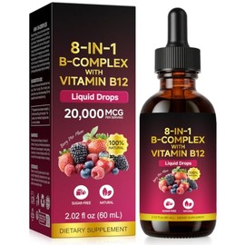 Vitamin B Complex Liquid Drops 20000mcg with Methyl B12, Folate, Biotin & 8 Essential B Vitamins, Sugar Free Berry Flavour, High Strength Vitamin B Supplement, Energy Metabolism Support, 60ml
