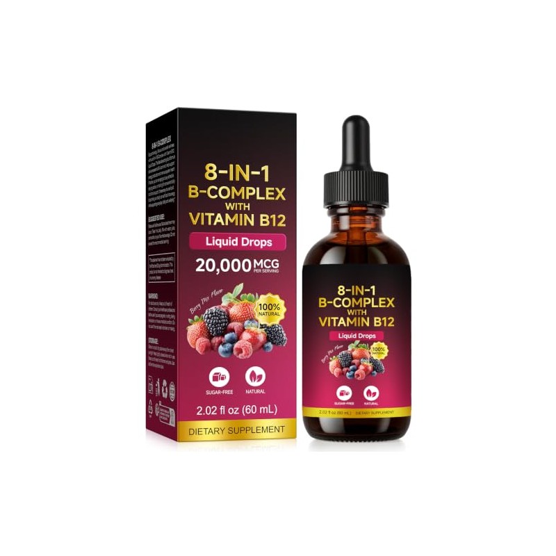 Vitamin B Complex Liquid Drops 20000mcg with Methyl B12, Folate,