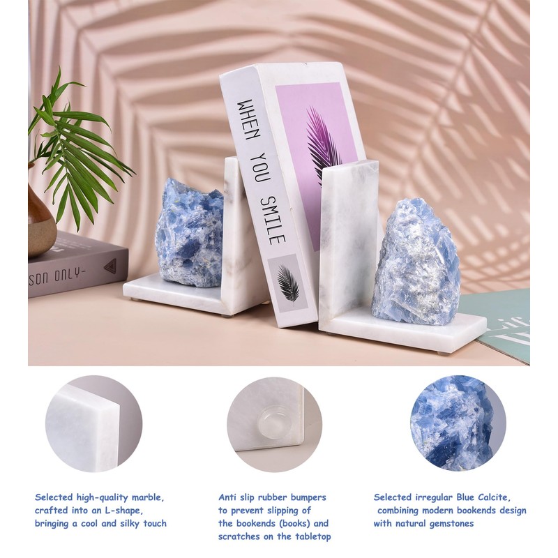 AMOYSTONE Natural Marble Bookends Heavy Duty for Shelves, L-Shaped Decorative