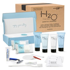 H2O Therapy Amenity & Accessory Kit | 0.85 oz Travel Size Shampoo, Conditioner, Lotion, Body Wash, Massage Bar, Cleansing Bar, Shave & Dental Sets, Make-Up Remover Wipes, & Vanity Kit | 15 sets/case