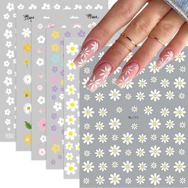 Flower Nail Art Stickers, Floral Daisy Nail Decals 3D Self-Adhesive Pink White Cute Daisy Small Flower Spring Summer Flower Nail Design Manicure Tips Nail Decor Accessories for Women Girls(6Sheets)
