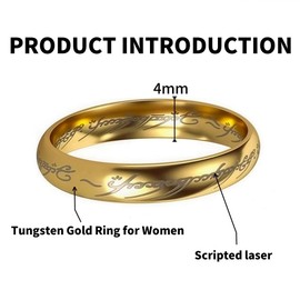 Tckyi 4MM Tungsten Steel Ring for Women 18K Gold-Plated Band with Elvish Script Lasering (4MM wide, 7)