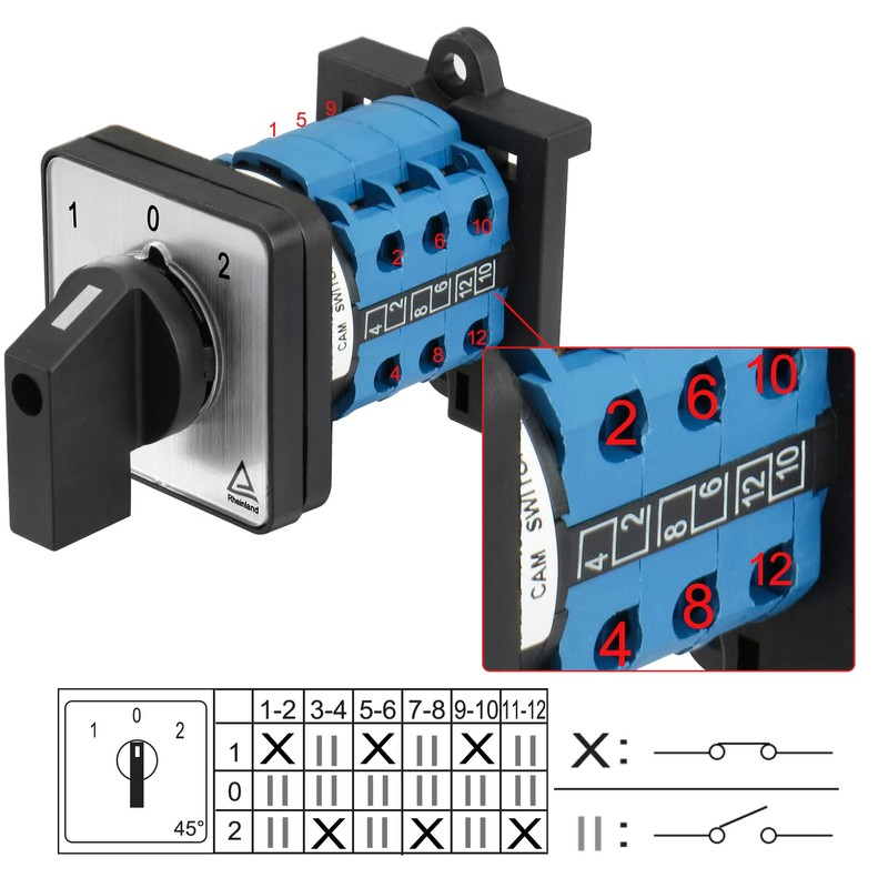 Heschen Universal Rotary Cam Selector Switch, SZW26-20/D303.3-B11R, 35mm DIN Rail