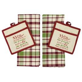 Fall Autumn Thanksgiving Kitchen Gift Set: Two Hand Towels and Two Matching Pot Holders Family Sentiments of Love and Thanks