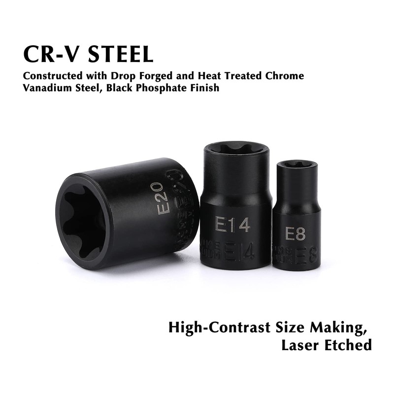 EMENTOL 11PCS E-Torx Socket Set with Rail, CR-V, 1/4" and