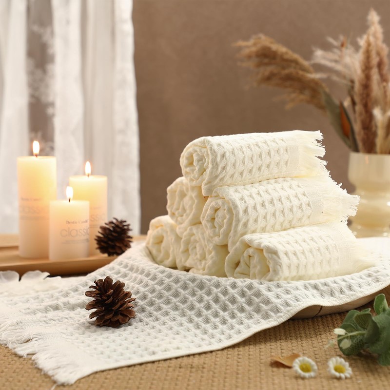 SmoothNovelty 6 Pcs Boho Bathroom Hand Towels Set Beige Waffle