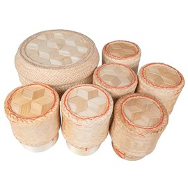 Traditional Handmade Bamboo Sticky Rice Basket - Serving Basket for Rice (Set Steamer-6 Round)