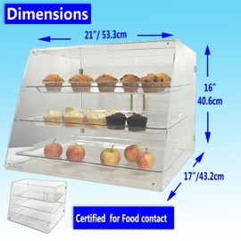Bakery Display Case Countertop for Pastry - Commercial Heavy Duty and Sturdy Stable Clear Acrylic 21" x 16" x 17" with Stainless Steel Handles and Tongs Easy Assembly with one Person