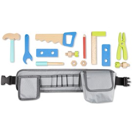 New Classic Toys 18286 Adjustable Tool Belt with Colourful Wooden Toy Tools and Accessories, Multi-Coloured