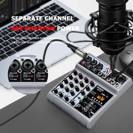 BOMGE Audio Mixer, Sound Board Mixing Console with 5 Channel Digital USB Bluetooth Echo Delay Effect, 48V Phantom Power Stereo DJ Mixers for Recording, Live Streaming, Podcasting (BM-05 5 canales)